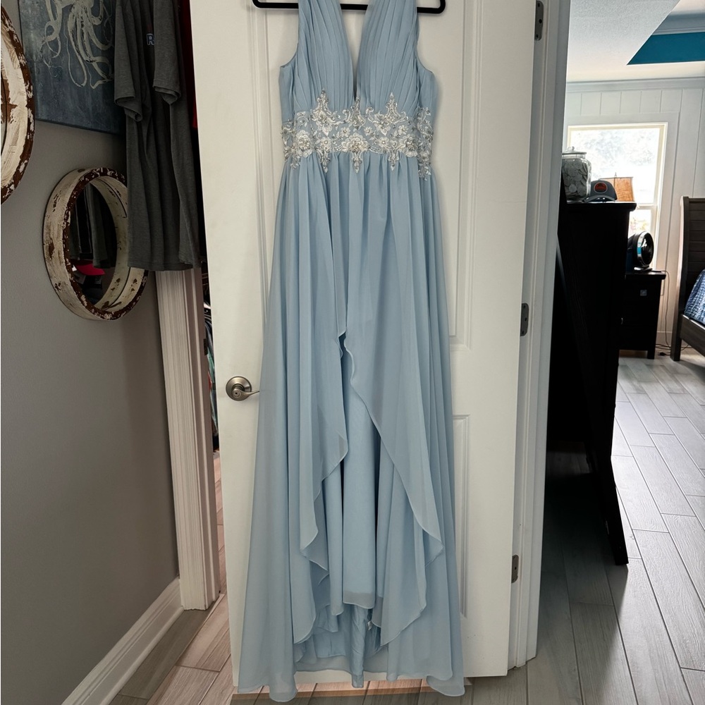 Elegant Light Blue Gown with Floral Embellishments